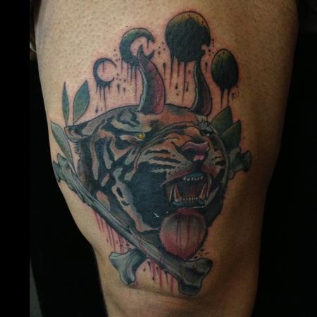 Gary Dunn - Color traditional tiger with horns tatttoo, Gary Dunn Art Junkies Tattoo